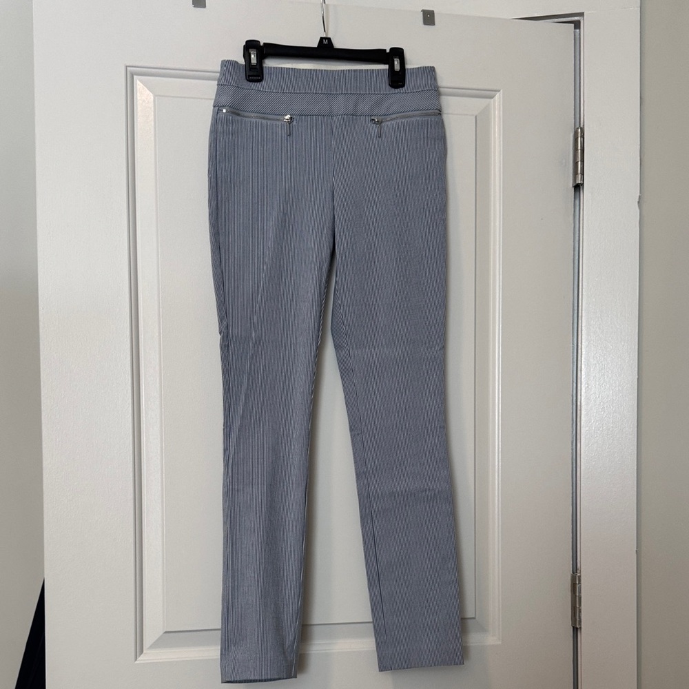 Candie's Blue & White Pinstripe Straight Leg Pants with Zipper Accents
